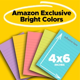 Post-it Super Sticky Lined Notes, 5 Sticky Note Pads, 4x6 in, 2X the Sticking Power, School Supplies, Office Products, Sticky Notes for Vertical Surfaces, Monitors, Walls and Windows, Bright Colors
