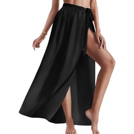 AI'MAGE Sarong Wraps for Women Long Chiffon Swimsuit Coverup Tie Sarong Sheer Floral Bathing Suit Cover Up Skirt Black