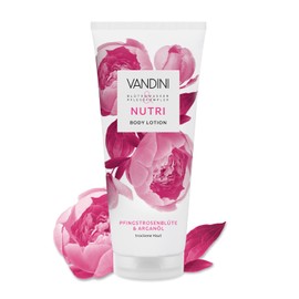VANDINI NUTRI Body Lotion Damen 200 ml mit Pfingstrosenblüte & Arganöl - Body Lotion für trockene Haut - vegan, ohne Parabene & Silikone, dermatologisch bestätigt, Made in Germany