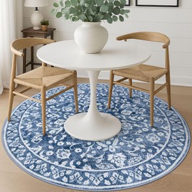 SILOLOOM Round Rug 6 Ft Rugs for Entryway Washable Circle Rug Non Slip Round Living Room Rugs Printed Faux Wool Vintage Round Dining Room Floor Carpet for Living Room, Bedroom, Denim Blue