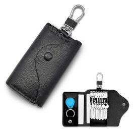 AdiStylinno Autoschlüssel Tasche, Große Kapazität Leder Schlüsselmäppchen Multifunktionale Schlüsseletui Geldbörse Praktisch Schlüsseltasche mit 6-Haken, Snap und 2 Kartensteckplätze (Schwarz)