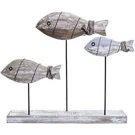 Nautical Theme Hand Carved Wooden Fish Decoration Wood Fish Home Decor Table Centerpiece - 3 Fishes