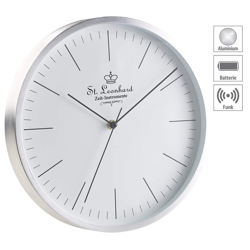 St. Leonhard Kitchen Clock Radio Silent: Modern Aluminium Radio Wall