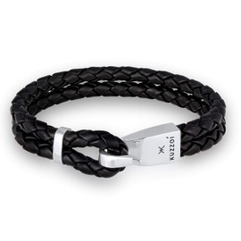kuzzoi Men Bracelet Leather Braided Black Trend with Clasp Made of 925 Sterling Silver, Length 9.05 inch, Width 0.51 inch, 0.99 oz