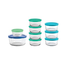 Anchor Hocking 18 Piece Glass Storage Containers with Lids (9 Glass Food Storage Containers & 9 Mixed Blue SnugFit Lids)