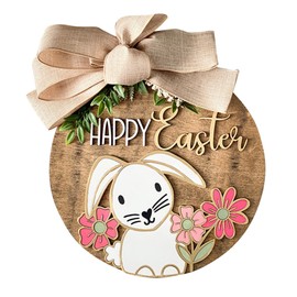 Easter Wooden Hanging Sign Bunny Rabbit Sign Door Decoration Easter Wood Wreath Sign for Easter Spring Holiday Decoration
