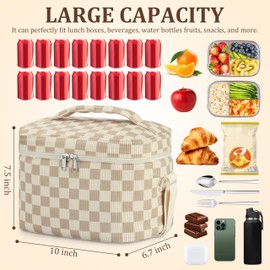 TESAFNG Insulated Lunch Bag for Women, Cute Corduroy Reusable Lunch Box for Adult, Leakproof Cooler Bag for Work Office Travel Picnic, Lunch Tote Bag with Adjustable Shoulder Strap (Checkered Khaki)