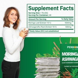 PENHOMENT Moringa Leaf Tea Bags with Ashwagandha - 40 Tea bags, 2gr/bag - Non-GMO/Caffeine free