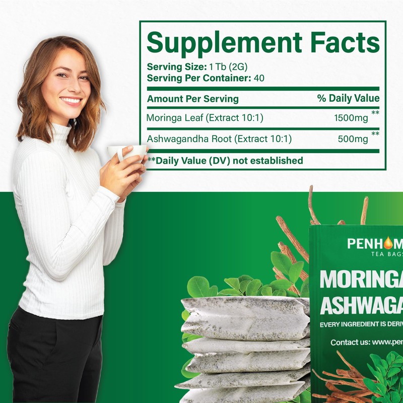 PENHOMENT Moringa Leaf Tea Bags with Ashwagandha - 40 Tea