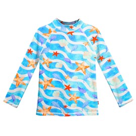 Made in USA Long Sleeve Girls' Rashguard Swimming Suit Swim Tshirt Tee UPF50+ Sun Protection for Beach Pool Summer Fun, Marine Life, 10