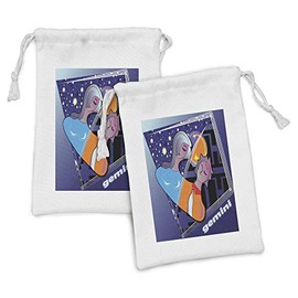Lunarable Astrology Fabric Pouch Set of 2, Gemini Couple Mercury Moon and Sun Map to Zodiac Stars Love Character Home, Small Drawstring Bag for Toiletries Masks and Favors, 9" x 6", Orange Blue Navy