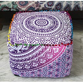 CRAFT KALA Large Hippie Mandala Meditation Floor Ottoman Pillow Cushion Pouf Cover Square Poufs Cover Bohemian Circle Floor Cushion Cover Outdoor Fireplace Living Room Decor 20X20X14 inches,Pink Ombre