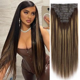 Seamless Clip in Hair Extensions Real Human Hair Straight Balayage Chocolate Brown to Caramel Blonde 8pcs 120g Clip in Hair Extensions Remy Human Hair with Soft PU Weft(16inch,#4/27/4)