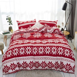 LAMEJOR Christmas Duvet Cover Set King Size Snowflake Pattern Holiday Bedding Set Comforter Cover(1 Duvet Cover+2 Pillowcases) Red