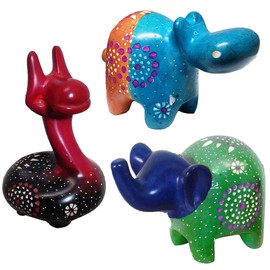 African Jungle Safari Chubby Animals 4 Inch Genuine Human Touch Smooth Elegant Cool and Soothing Stone Figurine Decor Set of 3 Hand Carved Painted Etched by African Artists (Elephant Giraffe Hippo)