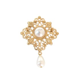 Gold Hollow Flower Pearl Filigree Brooch Pin for Women Full Dress Coat Sweater Simple Retro Accessories (Gold)