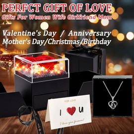 Real Red Rose Preserved Flowers with Heart Sterling Silver Necklace,Valentines Day Mothers Day Wedding Anniversary Christmas Birthday Gifts for Women Wife Mom Girlfriend Her Ideas