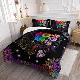 AILONEN Sugar Skull Comforter Set Queen Size, Sunflowers Floral Skull Bedding Set,Colorful Bohemian Mandala Bedding for Boys Girls,Bed in a Bag Duvet Set 3 Pieces, 1 Quilt and 2 Pillowcases