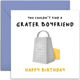 Old English Co. Funny Birthday Card for Boyfriend from Girlfriend - 'Grater Boyfriend' Cheese Pun - Cute Birthday Greeting Card For Him - Humorous Birthday Card for Family | Blank Inside