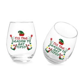 Tis the Season to Get Tipsy Christmas Stemless Wine Glass, Christmas Gift Wine Glass for Friends Dad Mom Women Men Family Christmas Holiday Wedding, 15 Oz, Set of 2