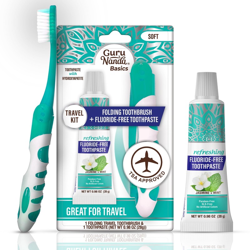 GuruNanda Folding Toothbrush with Built-in Cover & Toothpaste with Hydroxyapatite,