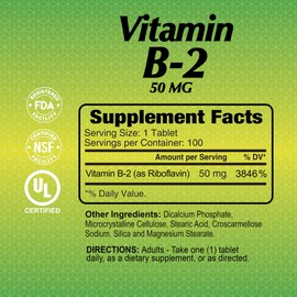 ALFA VITAMINS Vitamin B2 (Riboflavin) 50mg Gluten Free, Non-GMO - 100 Tablets