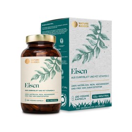 Nature Basics® natural iron certified & sustainable in a jar | 180 (!) capsules highly dosed | 14mg iron & 80mg vitamin C per capsule | pure from curry leaf & rosehip | without additives & from DE
