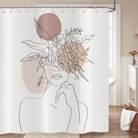 Hnmdmyi Abstract Woman Shower Curtain, 180 x 200 cm, Boho Mid Century Modern Minimalist Aesthetic Art Flower Girl Bath Curtain, Waterproof Polyester Fabric, Washable Bath Curtain with Hooks