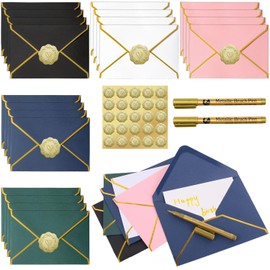 Fzyisw 25Pcs Coloured Envelopes 17,5x13,5cm Gift Envelopes with 25 Blank Cards, 25 Gold Foil Envelope Seals Favor Stickers and 2 Gold Pens for DIY Invitations, Wedding or Festival Cards