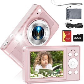 Upgrade Digital Camera, 56MP FHD 1080P Camera for Kids with 16x Zoom Anti Shake, Kid Camera with 32GB TF Card, Two Batteries, Lanyard, Compact Small Camera for Kids Boys Girls（Pink）
