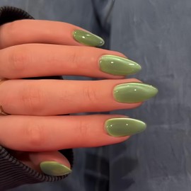 KQueenest Cat Eye Sage Green Press on Nails Almond Shape, 30 Pcs Glitter Fake Nails Medium, Thick Sparkly Glass Nails Press on, Shiny Acrylic Nails, Cute Bling Stick on Nails for Women