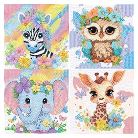 Set of 4 5D Diamond Painting Children Animals Set Full Diamond Painting Pictures Children Animals, DIY Mosaic Making Crafts Girls Boys 6 7 8 9 10 11 12 Years, Gift Children from 6 Years 15 x 15 cm