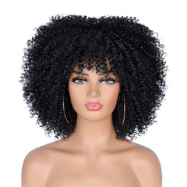 CoCrowns 10Inch Short Curly Afro Wigs with Bangs Bomb Afro Kinky Curly Wig for Black Women Synthetic Fiber Full Wig (Black)