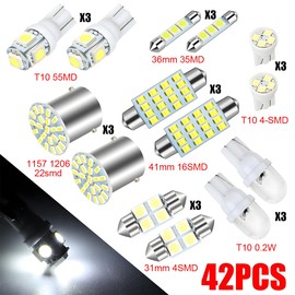 HIPOPY 42 Pcs Car LED Lights Kit, Auto Interior Bulbs Set, 6000K 12V T10 For Accessory, Brake, License Plate, Map, Parking Lights