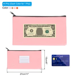 PATIKIL 11x6 Money Bank Deposit Bag with Zipper, 4 Pcs Leatherette Coin Check Wallet Pen Pouch Bag with Clear Window for Office Travel, Orange/Purple/Pink/Khaki