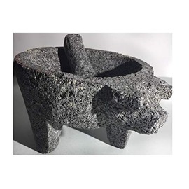 Made in Mexico Piggy Cerdo Puerco Genuine Mexican Manual Guacamole Salsa Maker Volcanic Lava Rock Stone Molcajete/Tejolote Mortar and Pestle Herbs Spices Grains 8" Large Pig