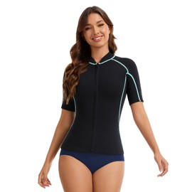 Lemorecn Women’s 2mm Wetsuit Top Short Sleeve, Front Zip Wet Suit Jacket Super-Stretch Neoprene Jacket for for Diving Kayaking Surfing Swimming, Green,XL