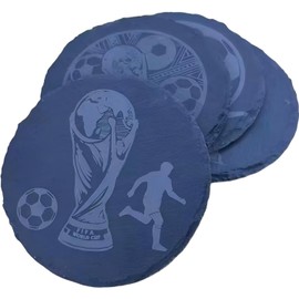 4 Posavasos de Pizarra Negra 10cm, Cuadrados con Borde Natural - Elementos de Fútbol la Copa Mundial, Base Antidesgaste para Bebidas, Bar, Vasos, Café, Cocina y Decoración del (Redonda)