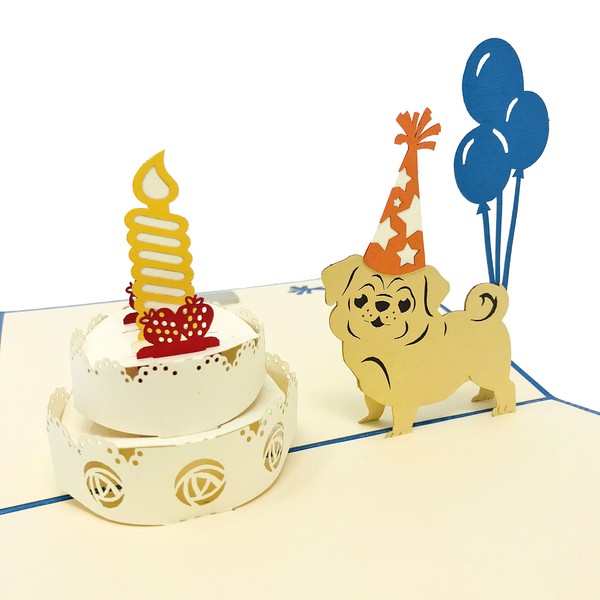 Dog & Cat Pet Birthday 3D Pop Up Greeting Card - For All Occasions - Love, Thank You, Get Well, Congrats - Amazing Gifts For Kids, Family, Friends - Fold Flat, Envelope Included (Pug Birthday)
