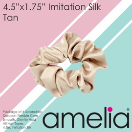 Amelia Beauty, Tan Imitation Silk Scrunchies, 4.5in Diameter, Gentle on Hair, Strong Hold, No Snag, No Dents or Creases. 6 Pack