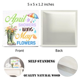 Spring Decor Farmhouse April Showers Bring May Flowers Wood Sign Spring Decorations Country Home Table Desk Decor (5 x 5 Inches)