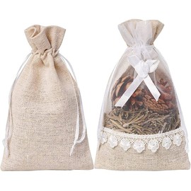 KUPOO 20PS Rose Drawstring Burlap Bags, 4x6 Inch Lace Jute Organza Favor Gift Bags for Wedding Party Favor and DIY Craft (stly A)