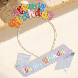 Koonafy It's My Birthday Sash and Headband Rainbow Tiara Headpiece Birthday Decorations for Girls Teenager Adults Birthday Party Supplies