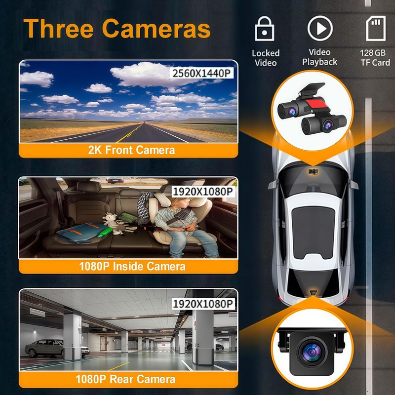 3 Channel Dash Cam 2K+1080P Front, Inside and Rear, Screenless