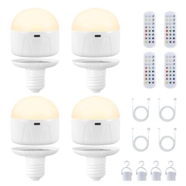 E26 Rechargeable LED Light Bulb with Remote,3600mAh,Cordless,Portable Color Changing Light Bulb,Dimmable 3500K-6500K RGBCW,Timer,Battery Powered Light Bulbs for Non-Hardwired Fixture,4 Pack