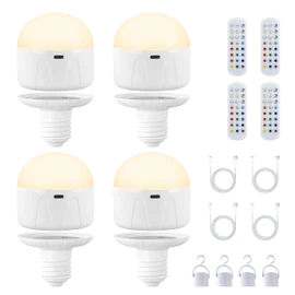 E26 Rechargeable LED Light Bulb with Remote,3600mAh,Cordless,Portable Color Changing Light Bulb,Dimmable 3500K-6500K RGBCW,Timer,Battery Powered Light Bulbs for Non-Hardwired Fixture,4 Pack