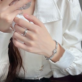 KANGSHUN Frieren at the Funeral Anime Stark Lotus Bracelet + Ring, Gifted Fern Mirrored, Wristband Bangle Cosplay Props Ornament, Halloween Accessories (Silver)