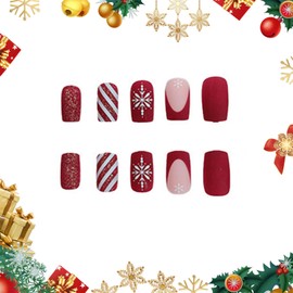 IMSOHOT Christmas Press on Nails Short Square Red Fake Nails Matte Snowflake Glue on Nails with Designs French Tip Squoval Nails Acrylic Artificial Full Cover Stick on Nails for Women Girls 24Pcs