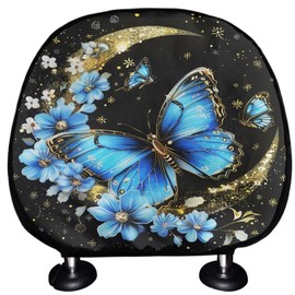 BIGCARJOB Moon Butterfly Car Seat Headrest Cover Set for Girls Women Cute Auto Seat Head Rest Pillow Cover Set 2 Pieces Butterfly Print Vehicles Seat Headrest Protector Covers