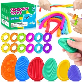 Fidget Sensory Toys for Kids: 26 Pack Textured Soft Worry Stone Sensory Rings Stretchy Strings for Autism Kids Calming Down Tools - Quiet Fidget Toys Student Classroom - Christmas Stocking Stuffers
